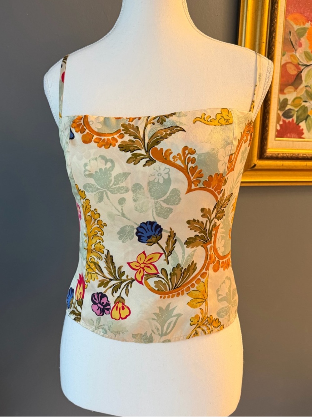 Reformation Cream Silk Smocked Floral Top
